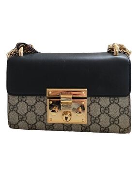 Gucci Black Leather & Beige GG Canvas Shoulder Bag with Gold Hardware